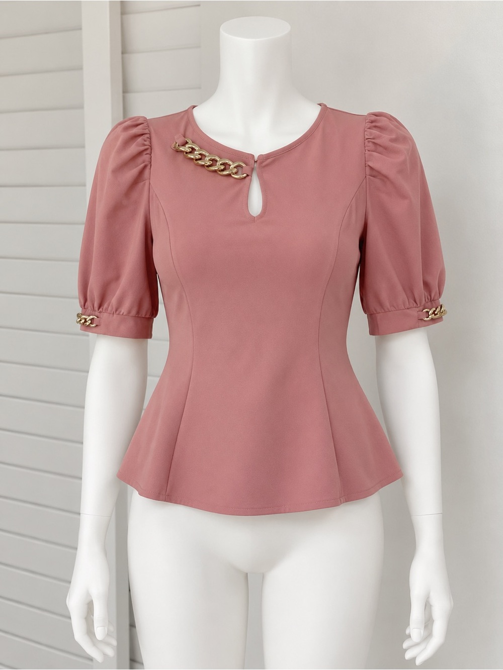 Dusty Rose Puff Sleeve Top with Gold Chain Accent
